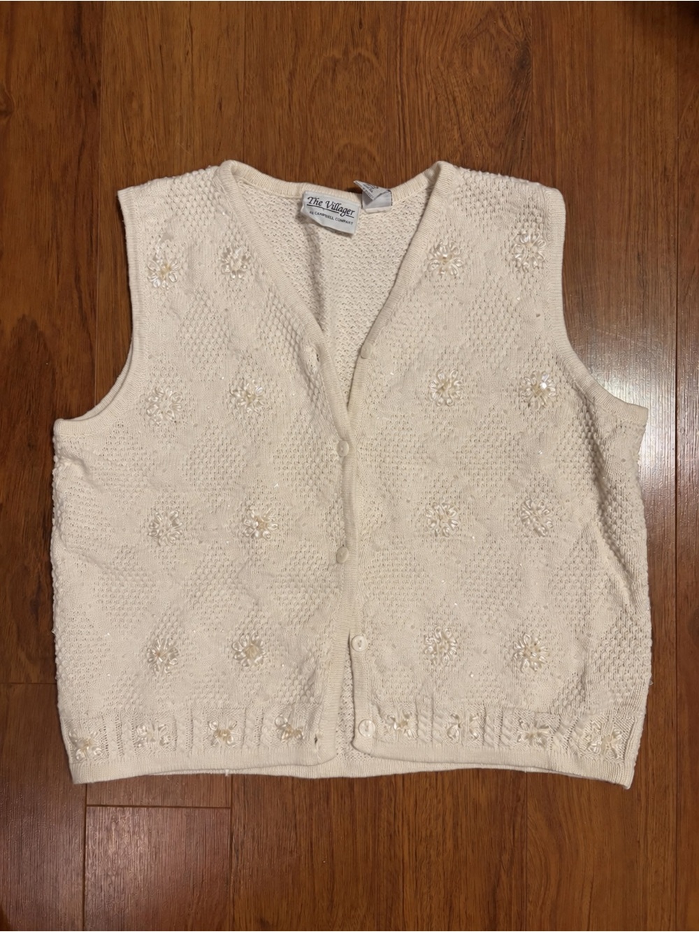 Liz Claiborne Cream Embroidered Beaded V-Neck Sweater Vest